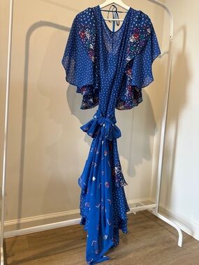 Lorrie Kabala vintage 80’s Blue Floral Polka Dot Dress belted size 6 M L XL